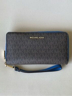 Michael Kors Brown Wallet with Blue Trim and Wristlet